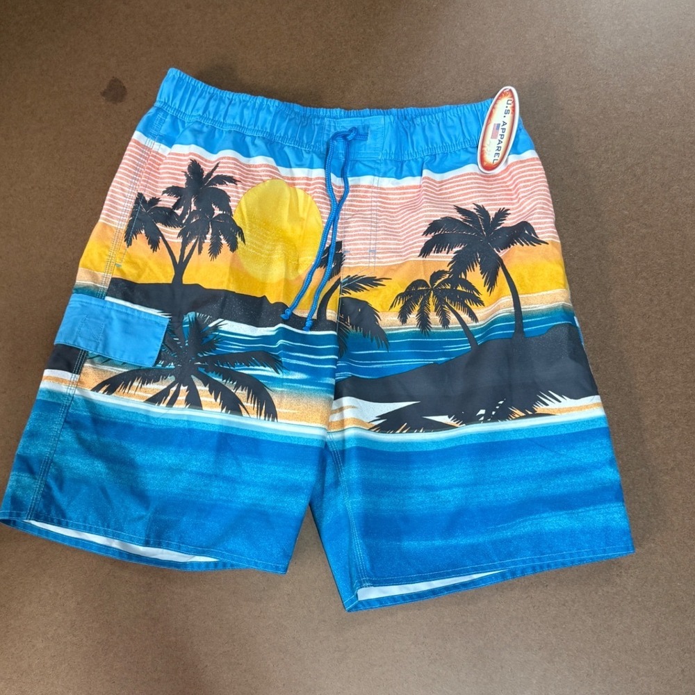 U.S. Apparel Mens Tropical Sunset Palm Tree Swim Trunks Blue Large NWT